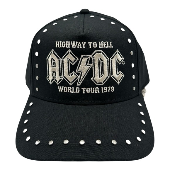 AC/DC Hat Black Studded Snapback Cap‎ Highway To Hell World Tour 1979 Band NWT - Picture 1 of 9